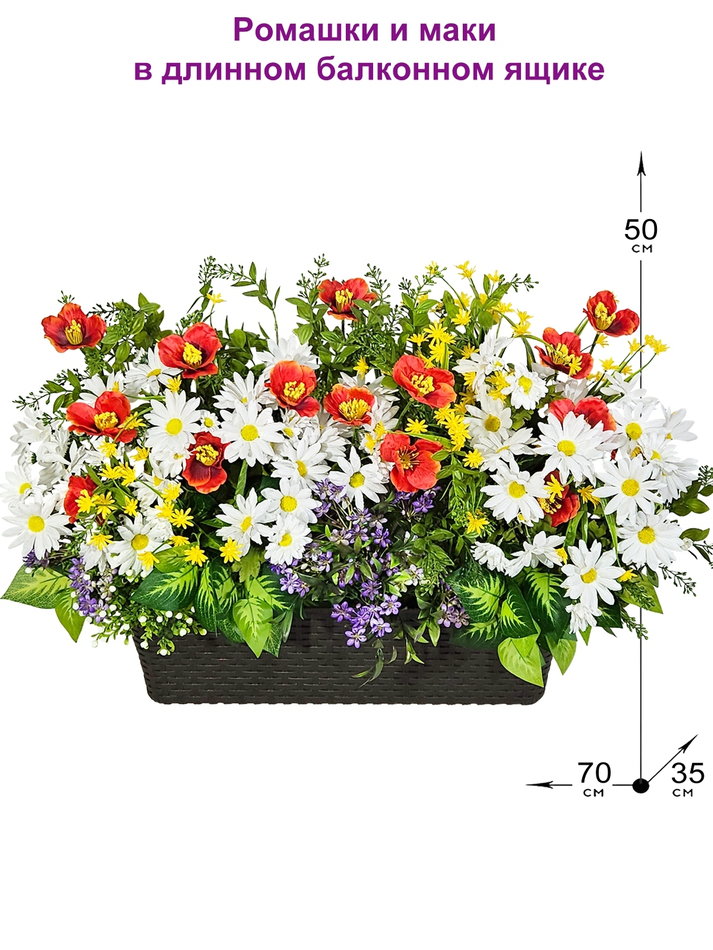 Ромашки и маки в длинном балконном ящике