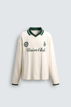 ZARA ПОЛО ЖАККАРДОВОЕ С ВЫШИВКОЙ, ЖЕЛТОВАТО-БЕЛЫЙ