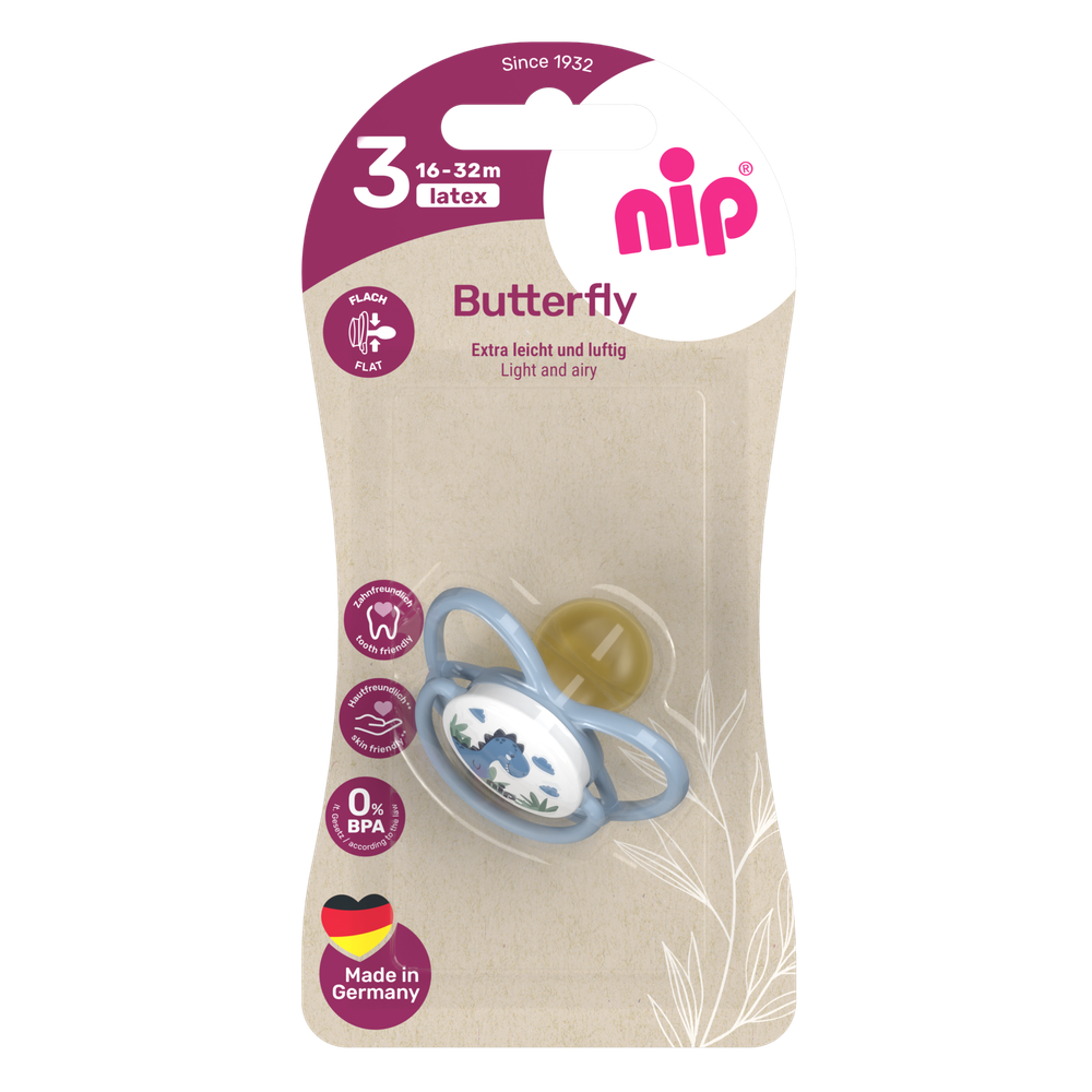 NIP Соска пустышка, латекс, размер 3 "Butterfly" Дино (16-32 мес) 1 шт