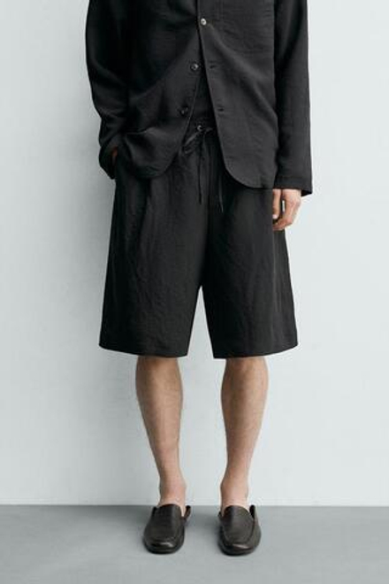 ZARA СВОБОДНЫЕ ЖАККАРДОВЫЕ ШОРТЫ В ПОЛОСКУ, ЧЕРНЫЙ