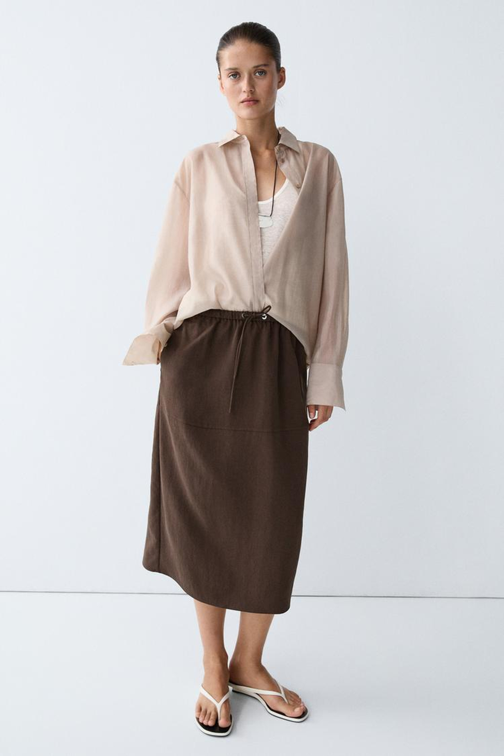 Massimo Dutti Струящаяся юбка миди на шнуровке, коричневый