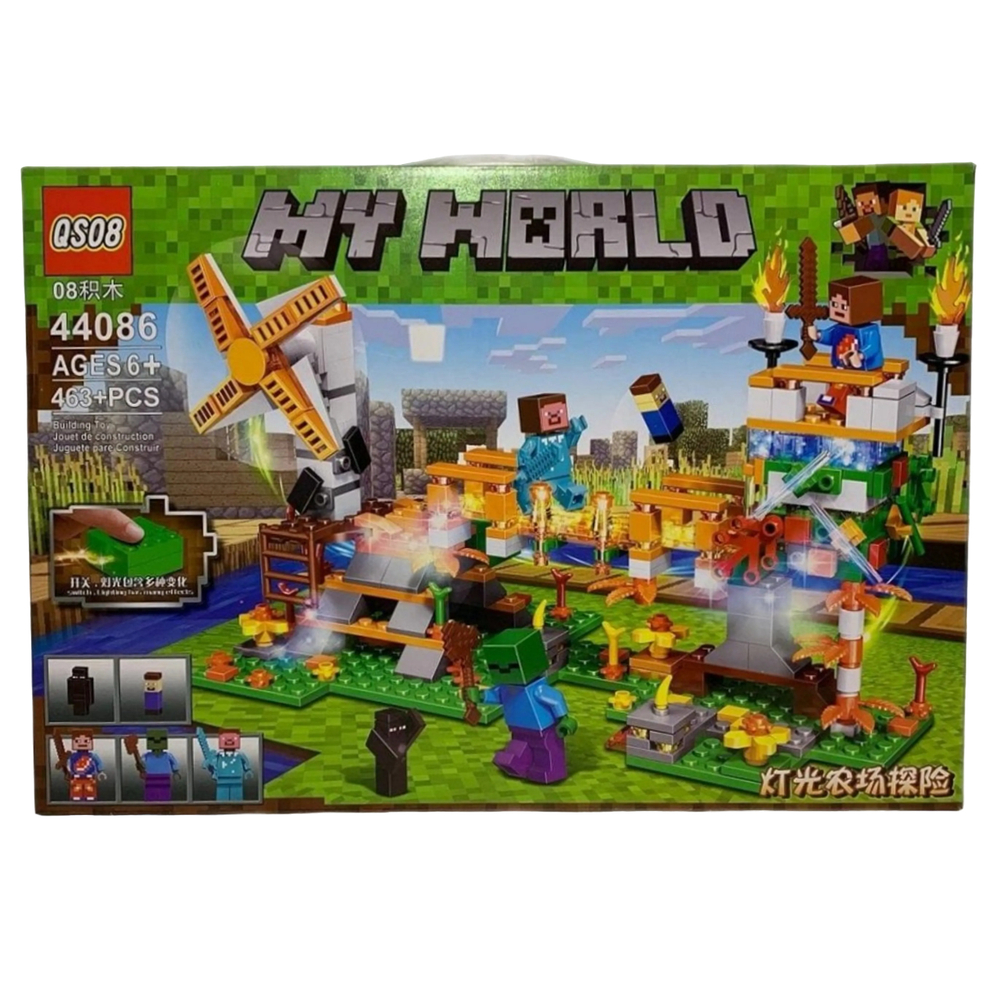 Конструктор Майнкрафт QS08, MY WORLD 44086 "Солнечная мельница - Золотой Мост" с LED подсветкой 463 деталей
