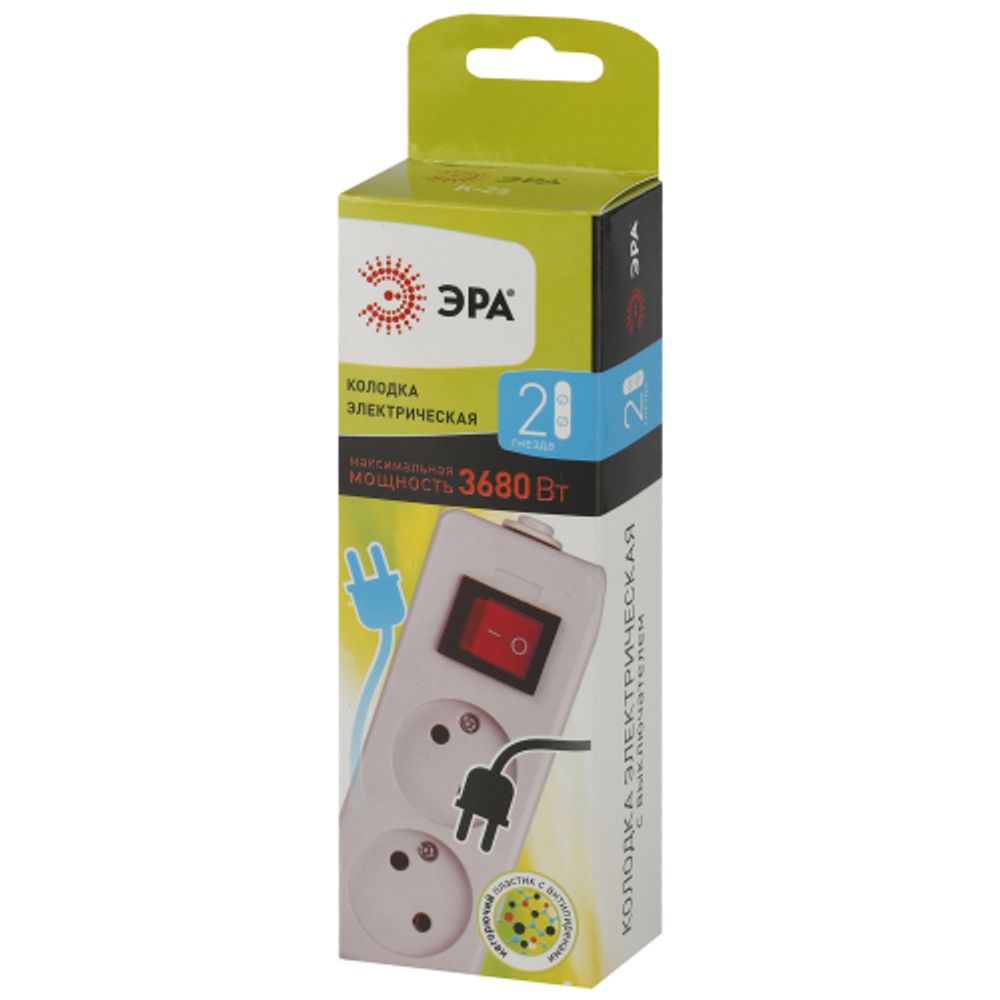 Колодка ЭРА K-2s 2 розетки без зазeмления с выключателем белая