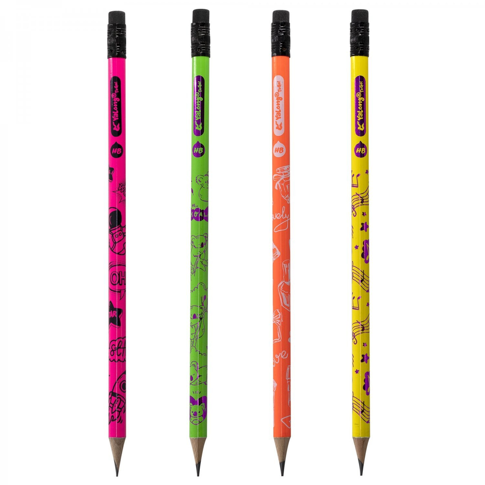 Набор ч/г карандашей, Yalong HB, "Принт на неоне", дерево, c ластиком, круглый, заточенный, корпус ассорти, 12 шт/уп, европодвес