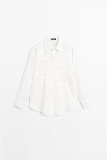 Massimo Dutti Рубашка из 100% льна с декоративной отделкой на груди, белый