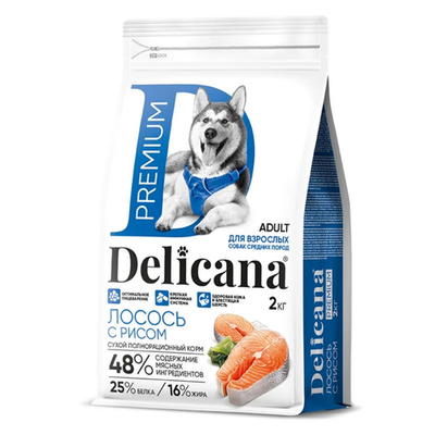 Delicana корм сухой для взрослых собак средних пород лосось, рис