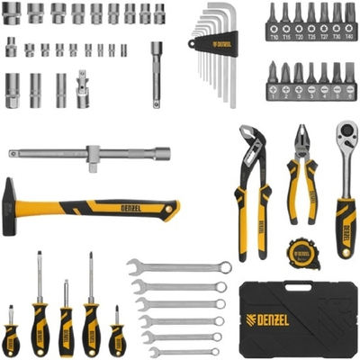 Набор инструментов, 1/2", 1/4", CrV, S2, пластиковый кейс, 64 предмета// Denzel [15801]
