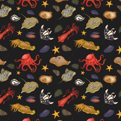 Sea animals and seaweed seamless pattern.