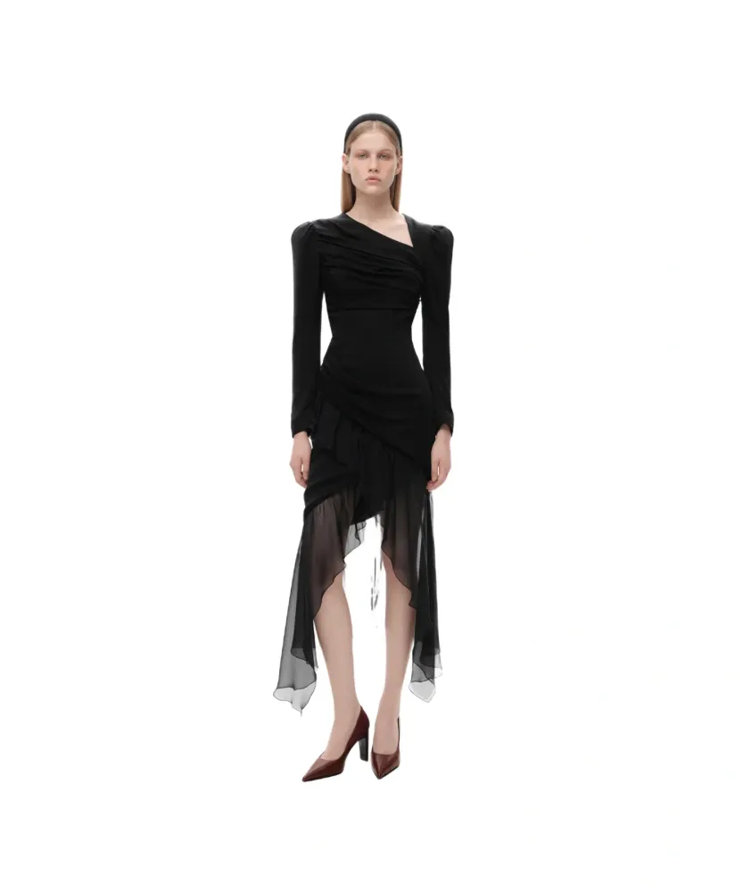 Orlene, платье миди из черной вискозы и шифона