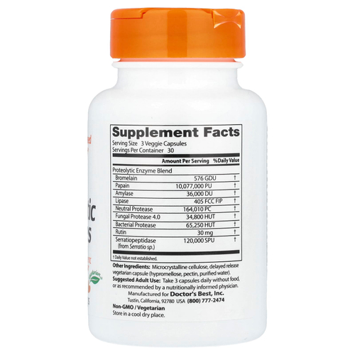 Doctor's Best, протеолитические ферменты, 90 растительных капсул с отсроченным высвобождением