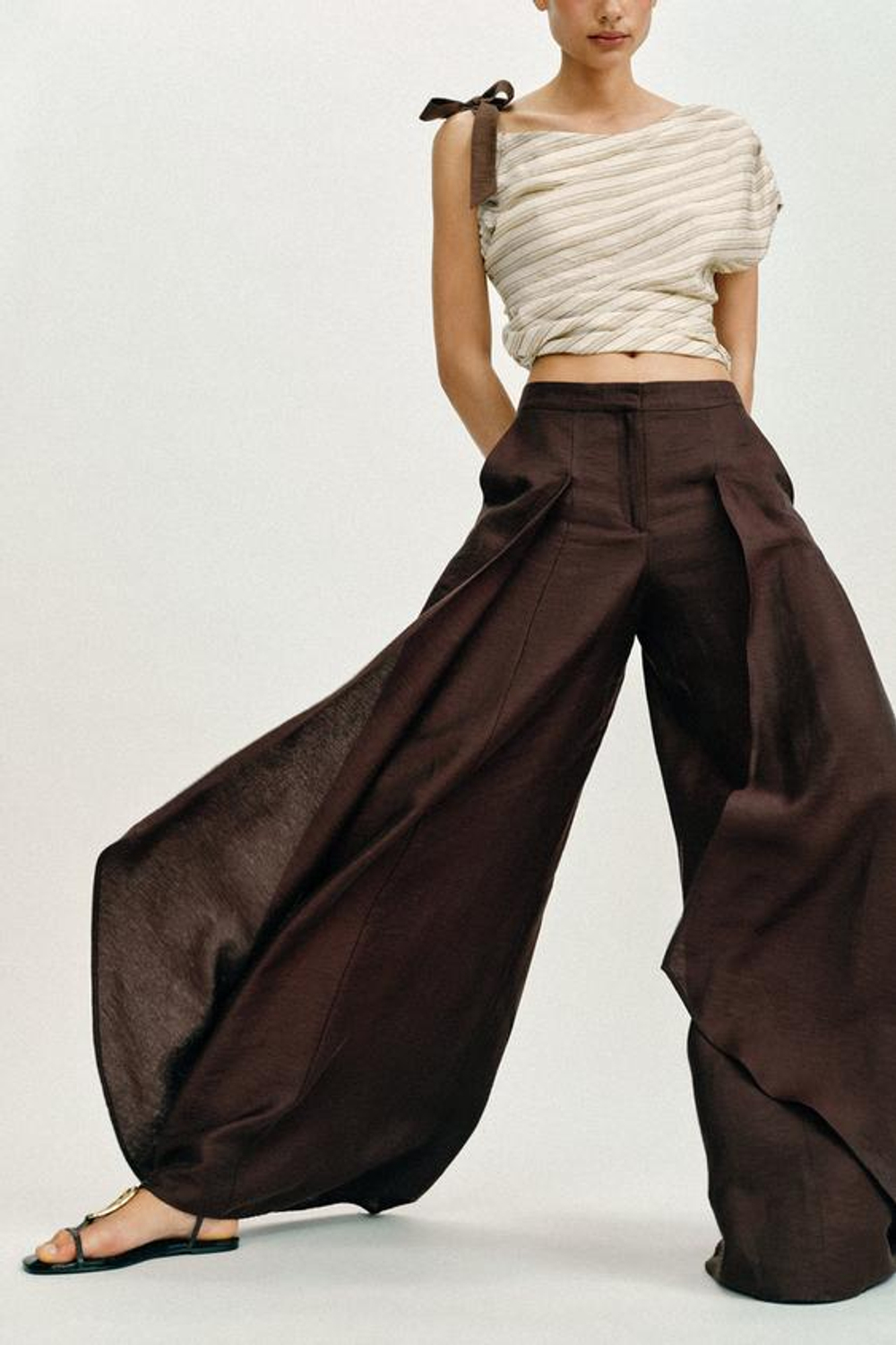 ZARA ШИРОКИЕ БРЮКИ ИЗ ЛЬНА, КОРИЧНЕВЫЙ