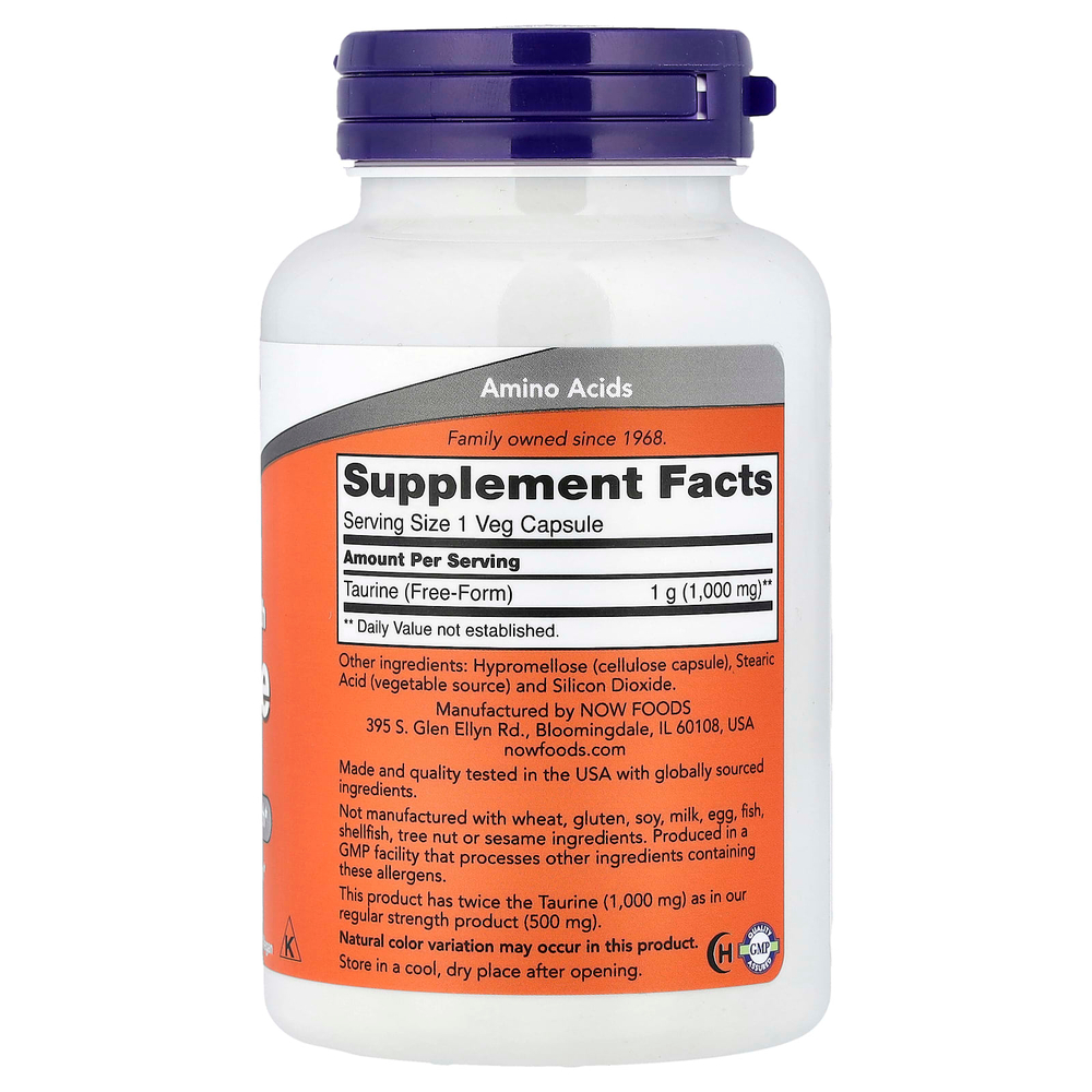 NOW Foods, Таурин, 1000 мг, 100 растительных капсул
