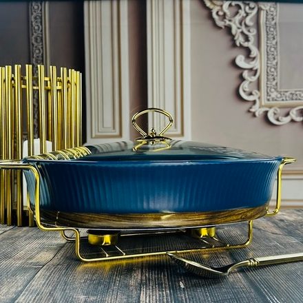 Lenardi 133-398 Овальный сервировочный мармит 38см(2,6л) с крышкой WOOD на подставке в под.уп.(х4)Фарфор