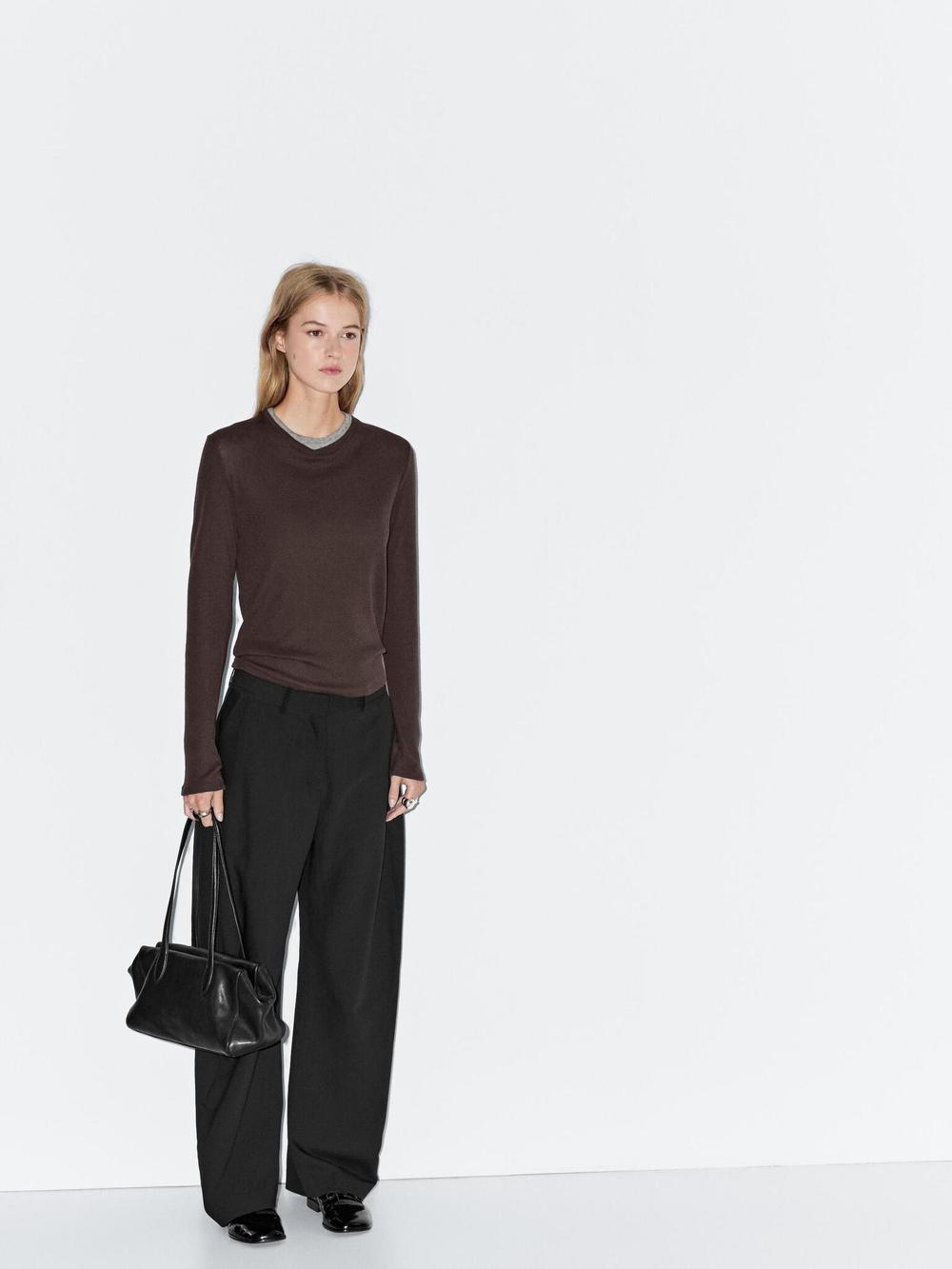 Massimo Dutti Футболка из смесового хлопка с двойным воротником, коричневый