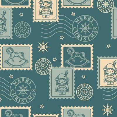 Рождественский принт с ретро марками и почтовыми штампами
