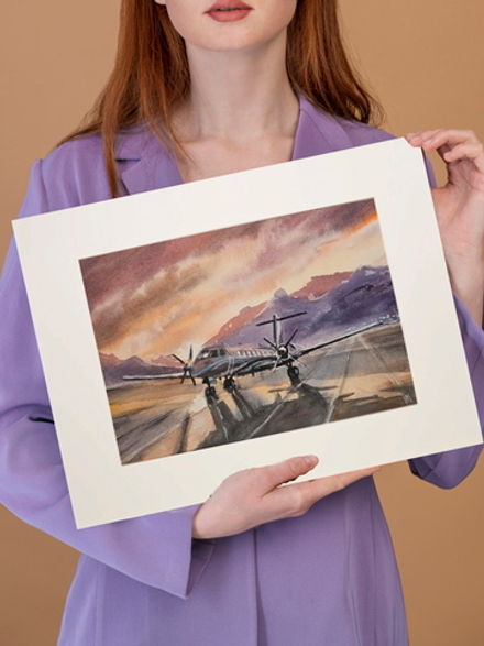 Картина авторская акварельная в паспарту 30х40 см на стену для интерьера "На взлётно-посадочной полосе"