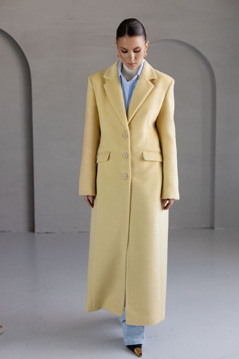 Пальто из смесовой шерсти приталенное макси лимонное