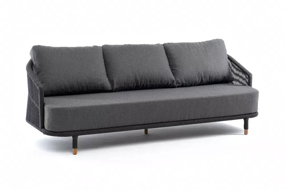 "Верона" диван 3-местный плетеный из роупа, каркас алюминий темно-серый (RAL7024) муар, роуп темно-серый круглый, ткань темно-серая 027