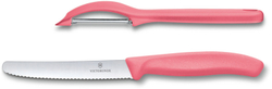 Фото набор из 2 кухонных ножей VICTORINOX Swiss Classic Trend Colors: нож для овощей и столовый нож с волнистым лезвием 11 см нержавеющая сталь рукоять из пластика малинового цвета в картонной коробке с подвесом с гарантией