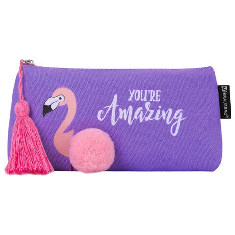 Пенал-косметичка BRAUBERG, канвас с объемной аппликацией, "Flamingo", 20х3х9 см, 229001