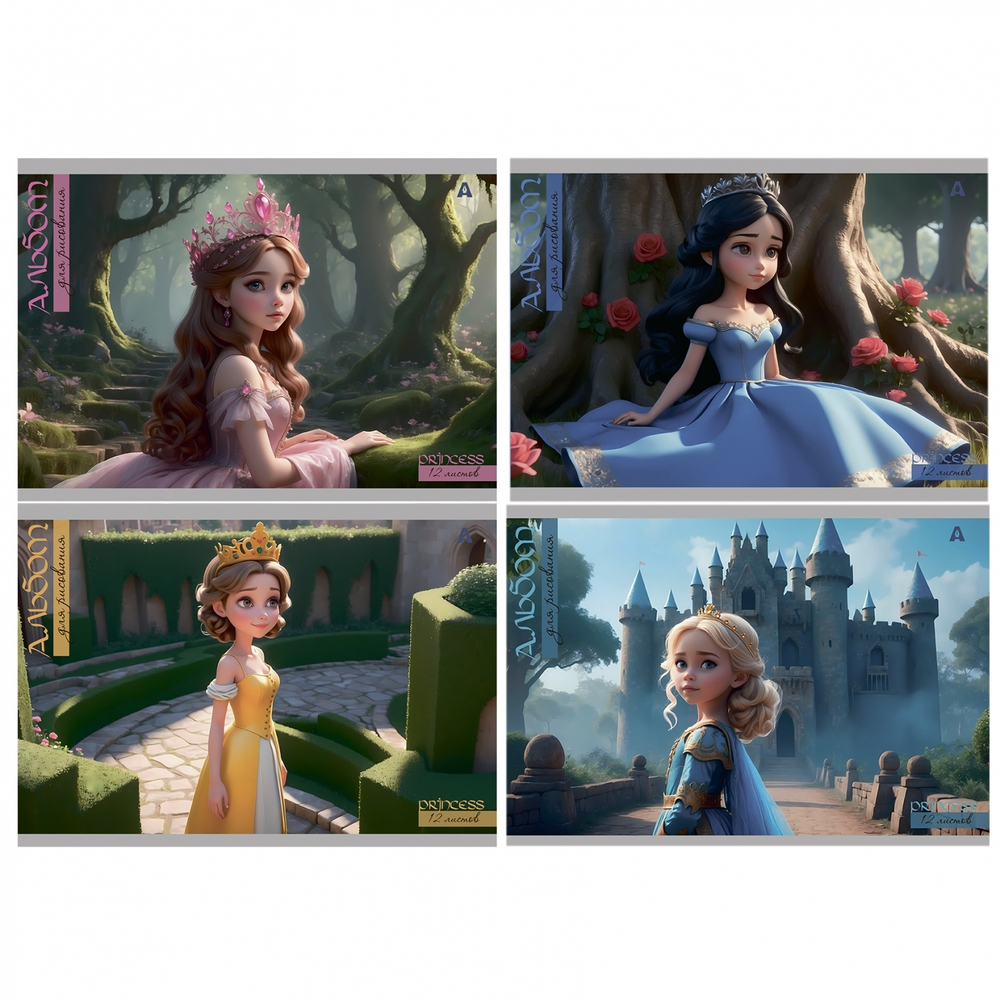 Альбом для рисования А4 12л., Alingar, на скрепке, мелованный картон (стандарт), 100 г/м2, "Принцесса у замка", 4 дизайна в пленке т/у