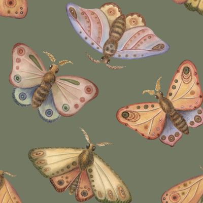 Фантазийные бабочки, зеленый фон