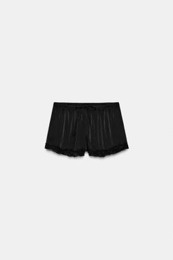 ZARA АТЛАСНЫЕ МИНИ-ШОРТЫ С КРУЖЕВОМ, ЧЕРНЫЙ
