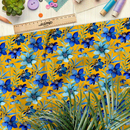 Ткань сатин синие цветы на жёлтом фоне