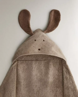 ZARA HOME ДЕТСКОЕ ПОЛОТЕНЦЕ ДЛЯ ВАННОЙ С КАПЮШОНОМ И ДЕТАЛЬЮ «СОБАЧКА», КОРИЧНЕВЫЙ