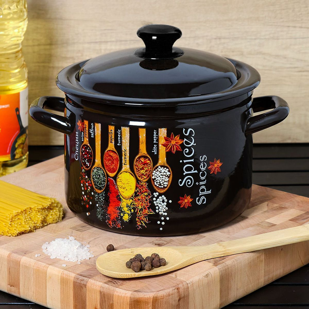 Кастрюля сталь, эмал, 4 л, с крыш, крышка сталь, с декором, Керчь, Карри, 41704-142/6-У4, корич