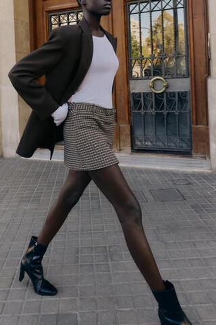 ZARA ЮБКА-ШОРТЫ «ГУСИНАЯ ЛАПКА» С РЕМНЕМ, СЕРЫЙ/НЕЖНО-КОРИЧНЕВЫЙ