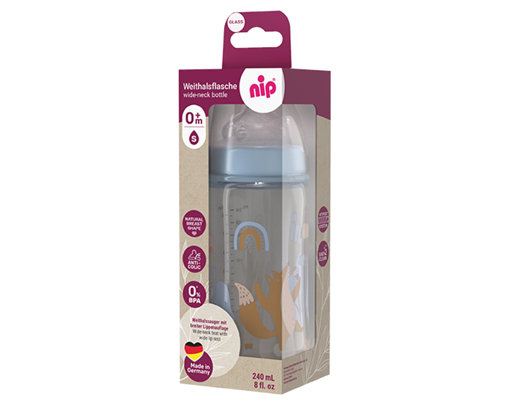 NIP Бутылочка стеклянная д/мал 240 мл, с соской силикон 0+