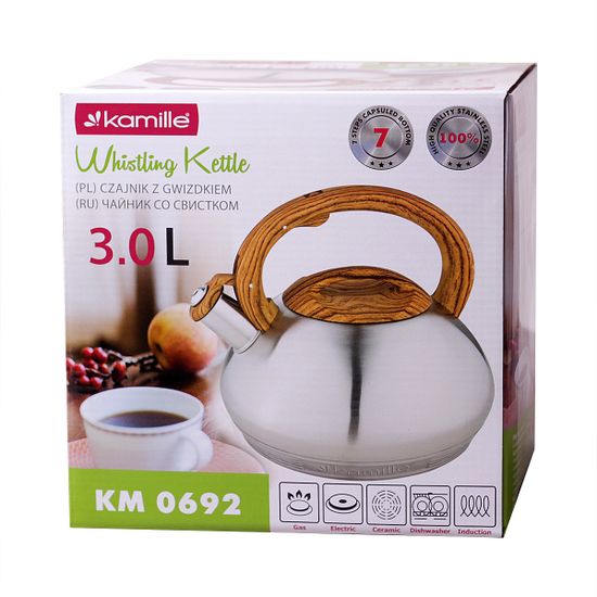 Чайник 3 л. из нержавеющей стали со свистком KamilleKM 0692N и коричневой бакелитовой ручкой (под дерево)