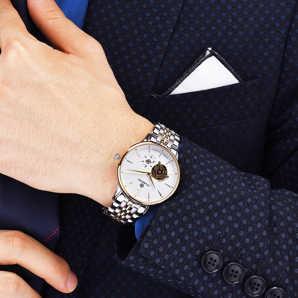STARKING Automatic Mechanical Movement Stainless Steel Watchband Watch Unisex White Dial