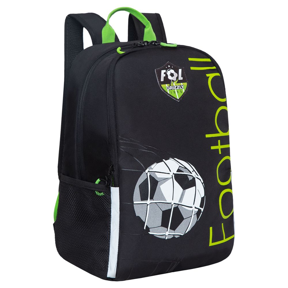 Рюкзак Grizzly, 29*38*16см, 2 отделения, 2 кармана, жесткая спинка, черный-салатовый