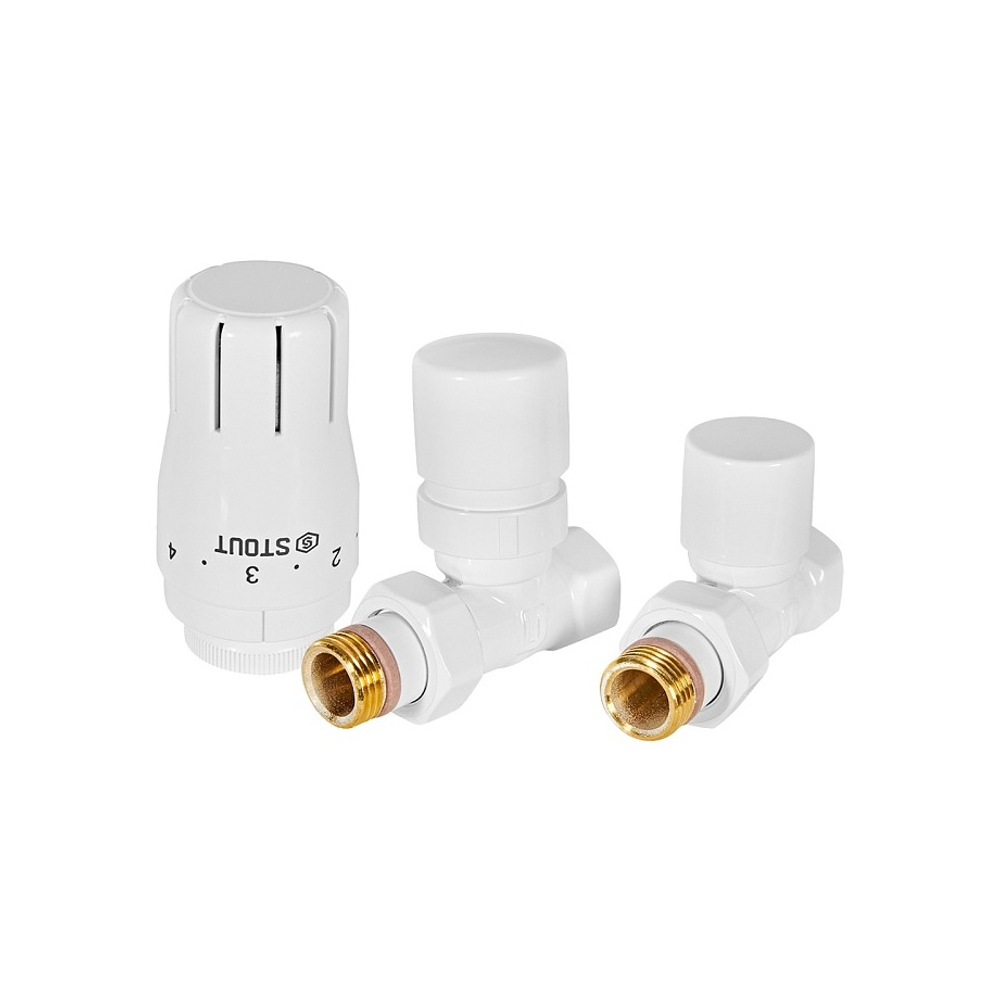 Комплект клапанов термостатических прямой STOUT Design - 1/2" (ВР/НР-американка, PN10, Tmax 120°C, EPTF уплотнение, цвет белый)