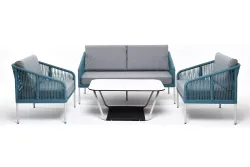 "Канны" лаунж-зона 4-местная из роупа со столом "Гранада" (молочный), каркас алюминиевый светло-серый, роуп бирюзовый