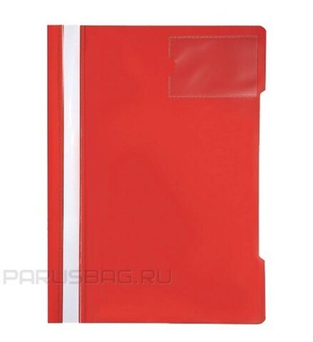 Скоросшиватель с прозрачным верхом А4, пластик 180мкм, карман А7 для визитки, Бюрократ, красный