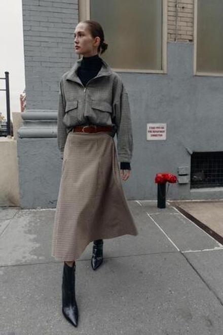 ZARA ЮБКА МИДИ-КЕЙП С РЕМНЕМ И УЗОРОМ «ГУСИНАЯ ЛАПКА», ЧЕРНЫЙ/ЭКРЮ