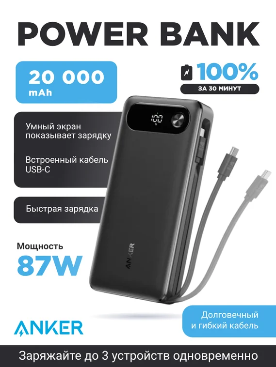 Внешний аккумулятор Anker (20000 мАч, 87 Вт, встроенный кабель USB-C), чёрный (A1383)