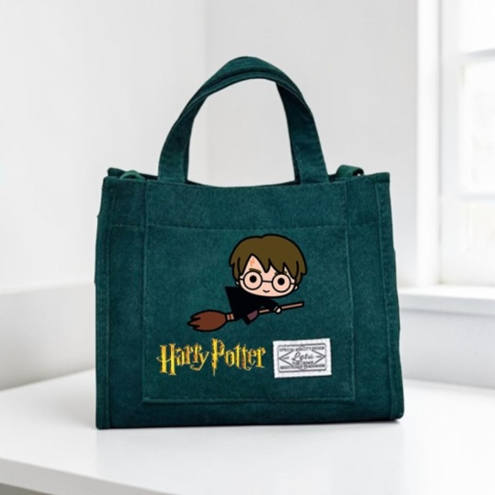 Сумка вельветовая с карманом Harry Potter, Зеленая