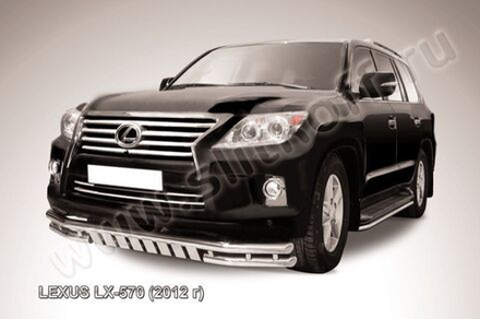 Защита переднего бампера (нержавейка) Lexus LX-570 (2012-2015) d76+d76 с защитой картера (черный)