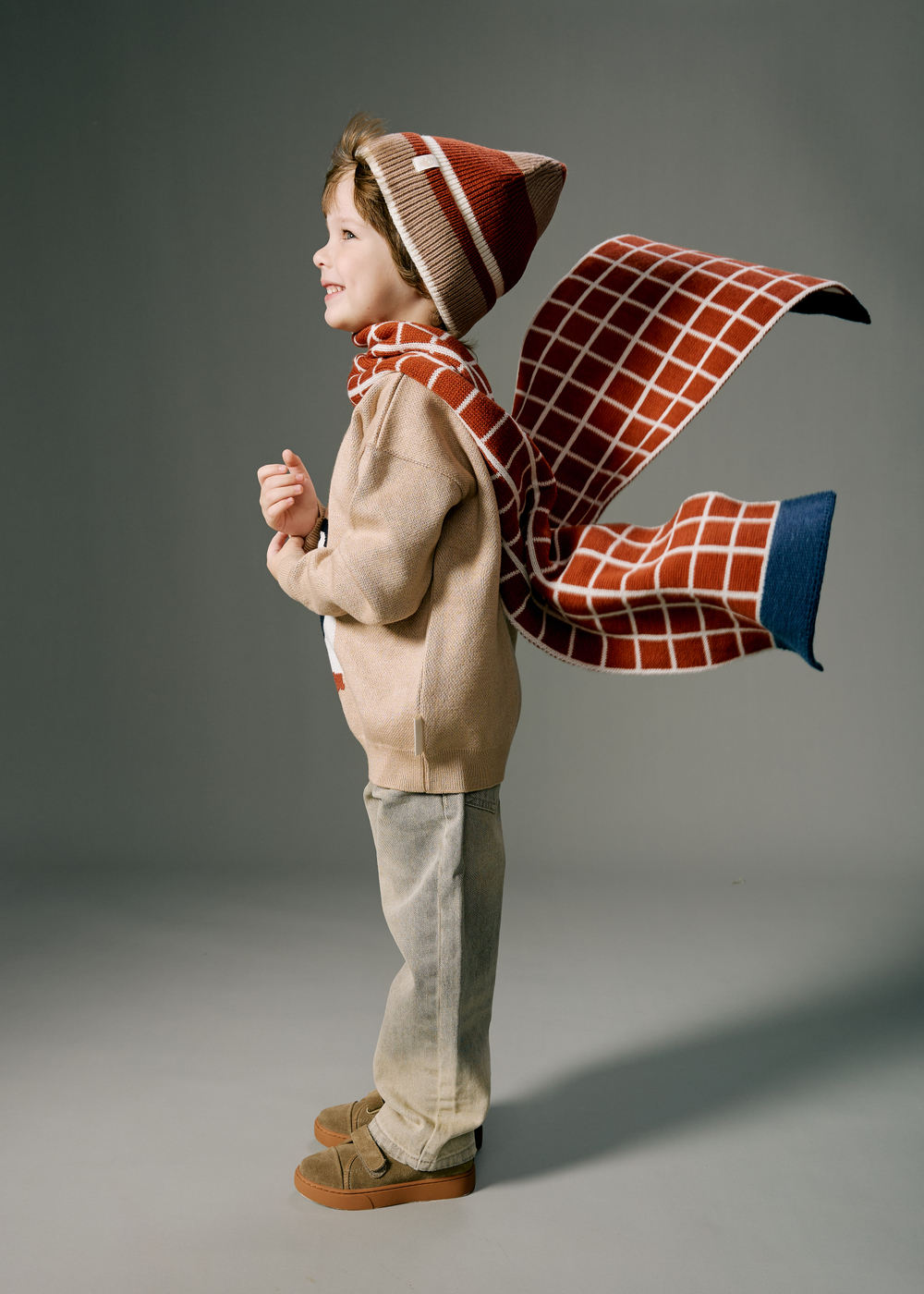 Шарф вязаный "Клетка" (экрю+терракот)