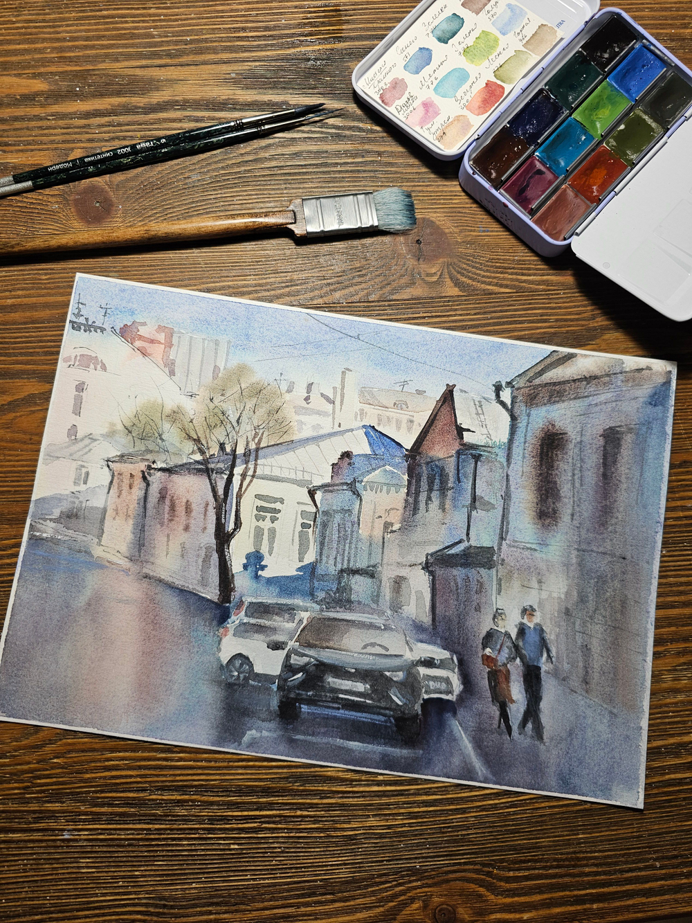 Картина авторская акварельная в паспарту 30х40 см на стену для интерьера "В переулках Таганки"