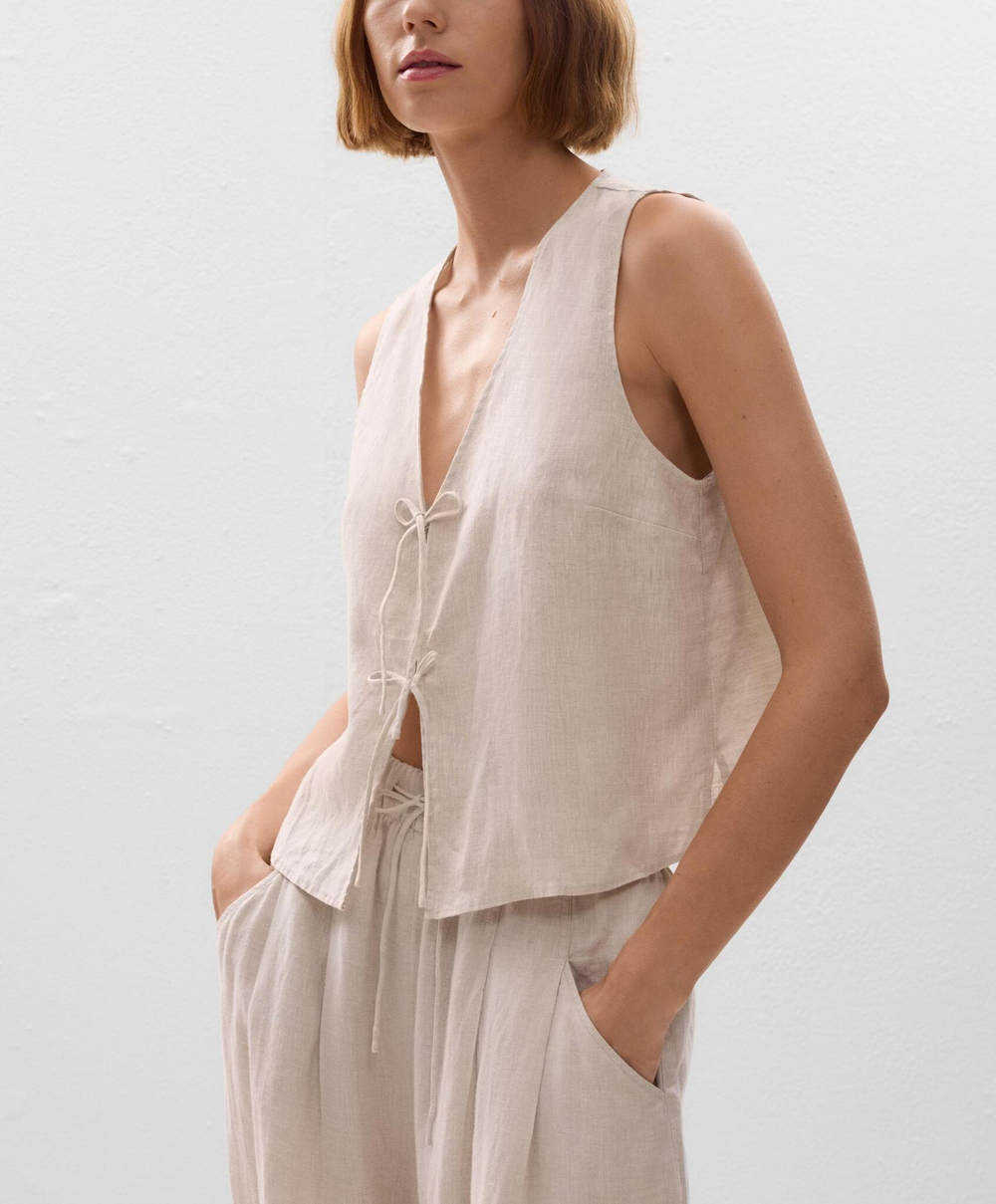 Oysho Топ с завязками из 100% льна, песочный меланж