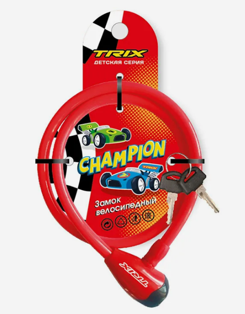 Замок противоугонный TRIX Champion детский, трос стальной, с ключами 12х800мм, в пластиковой оболочке, красный (30/60)