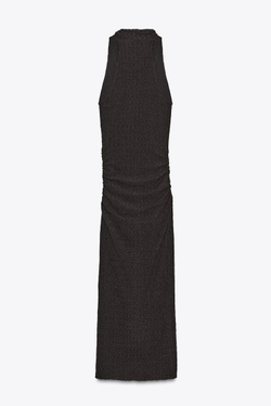 ZARA ДЛИННОЕ ТЕКСТУРИРОВАННОЕ ПЛАТЬЕ-ХАЛТЕР, ТЕМНО-КОРИЧНЕВЫЙ