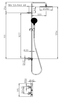 Bossini Apice душевая система: термостат, стойка с верхним поворотным душем Ø 280 мм, с ручным душем, цвет черный матовый