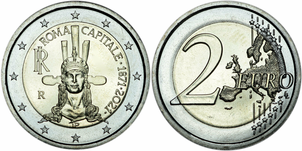 Италия 2 евро, 2021 150 лет объявлению Рима столицей Италии UNC