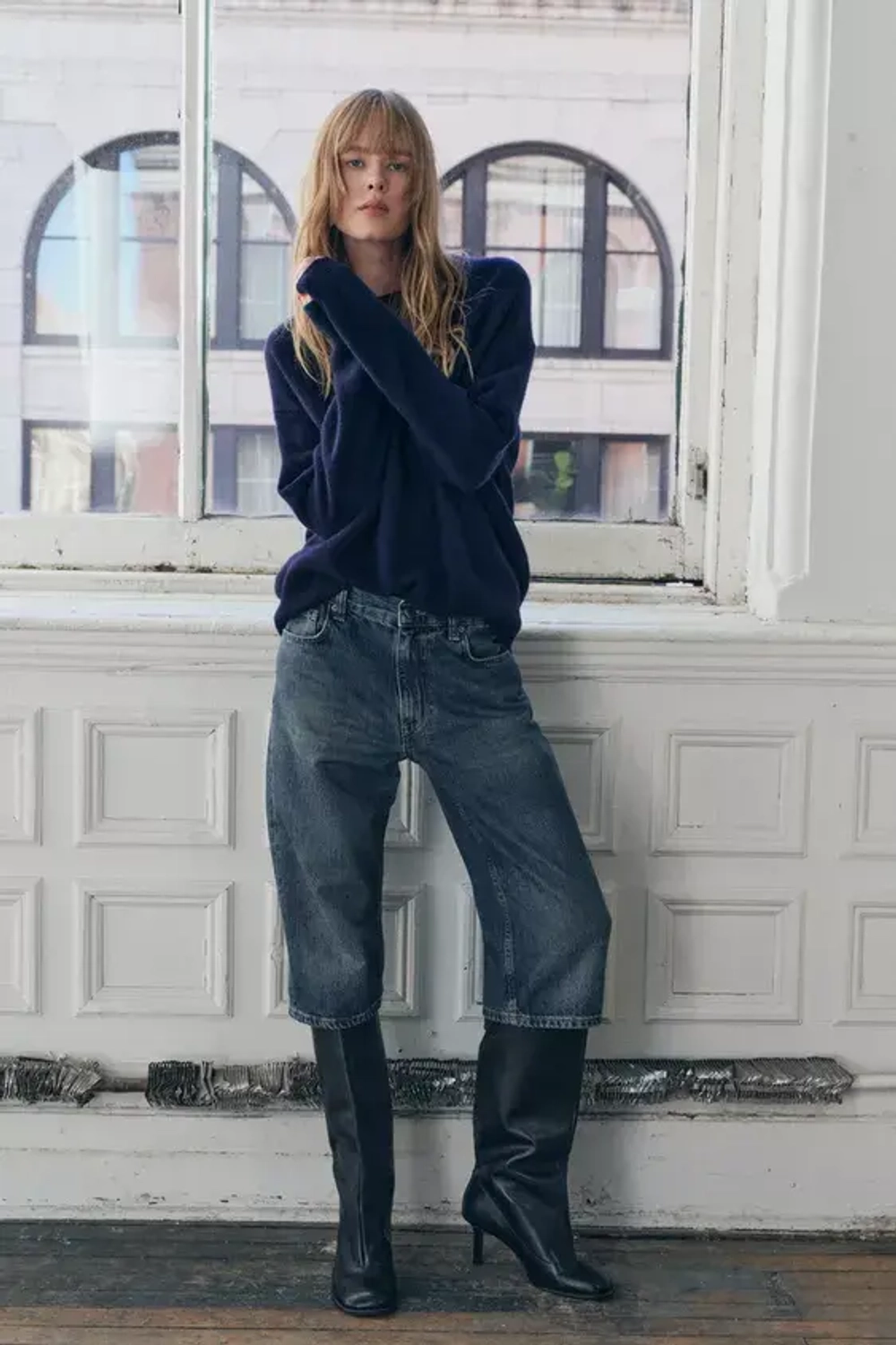 ZARA ОДНОТОННЫЙ СВИТЕР ИЗ 100% КАШЕМИРА, МОРСКОЙ СИНИЙ